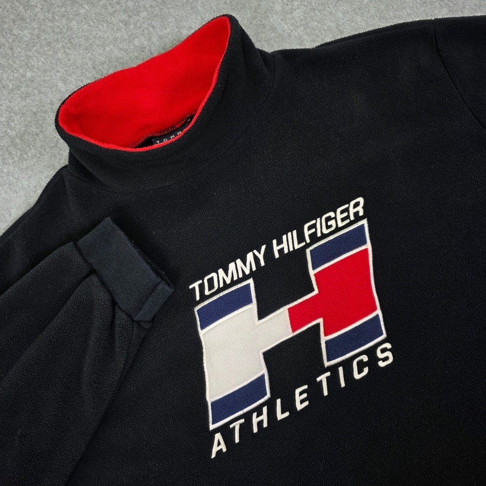 Tommy Hilfiger Athletics Fleece Pullover Men's Large Black Mock Neck Vintage